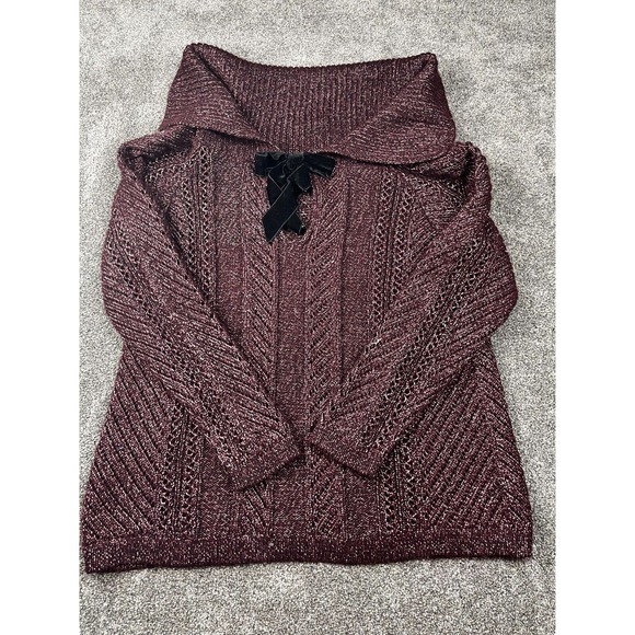White House Black Market Sweaters - White House Black Market Sweater Women XL Shawl Collar Metallic Bow Cable Maroon